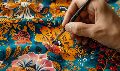 彩绘花卉摄影照片_艺术家在丝绸上绘制带有花卉图案的蜡染