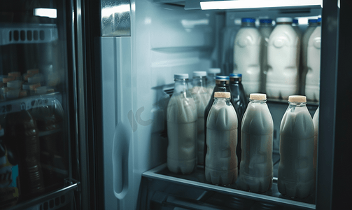 夜晚冰箱门上放着牛奶瓶