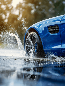 蓝色汽车穿越水坑日光特写时溅起水花