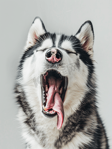 哈士奇疑问摄影照片_昏昏欲睡的哈士奇狗张大嘴巴用长舌头打着哈欠