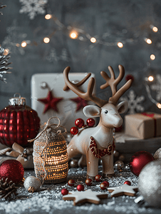 深色混凝土背景中的圣诞玩具和装饰品