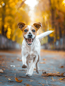 秋季动物摄影照片_一只张着嘴的快乐的棕白短毛杂种狗正在秋季公园散步
