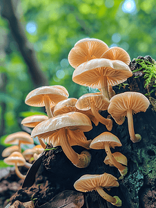 连续降雨后树桩上长出的野生蘑菇