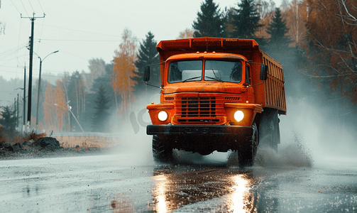 雨天特写下一辆旧橙色多用途卡车在沥青路上行驶