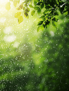 雨水滴摄影照片_雨落在模糊的绿色森林背景上阳光直射