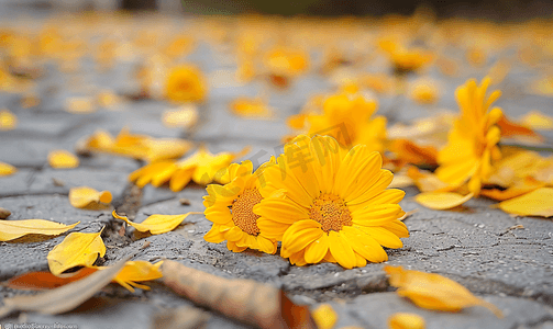 黄色的花朵摄影照片_黄色的花朵掉落在地上