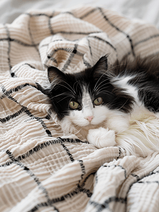 家纺首页促销摄影照片_毛茸茸的绿眼睛黑白猫躺在柔软的米色格子上上面有白色枕头