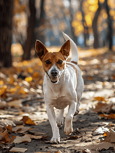 秋季干燥天气棕白短毛杂种狗在公园散步