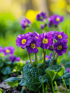 春天花园升高花床上的紫色报春花