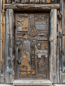 古代大门摄影照片_由不同图形制成的金属门位于由粗木制成的木屋入口处