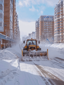 冬日拖拉机从住宅楼附近的停车场除雪
