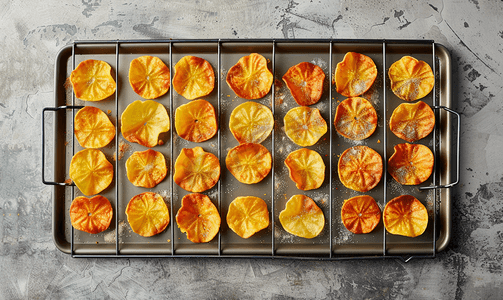 咸摄影照片_平铺的零食脆皮薯片排列在灰色背景下烘烤的架式烤箱上