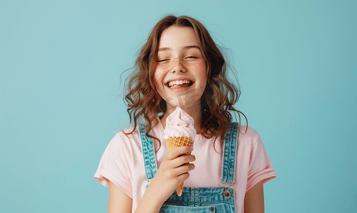 拿着冰淇淋摄影照片_浅蓝色背景中拿着爱斯基摩冰淇淋的青少年