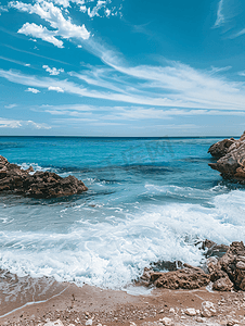 白色深蓝色摄影照片_有白色波浪的岩石海滩深蓝色海景和蓝天