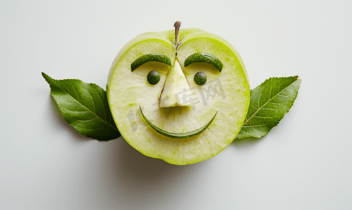 光明冰砖摄影照片_苹果绿色的脸被孤立在白色背景上