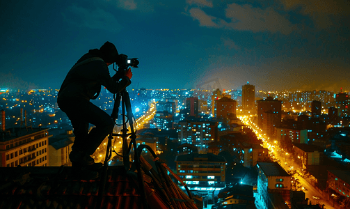红砖摄影照片_摄影师从红砖公寓屋顶边缘拍摄夜景