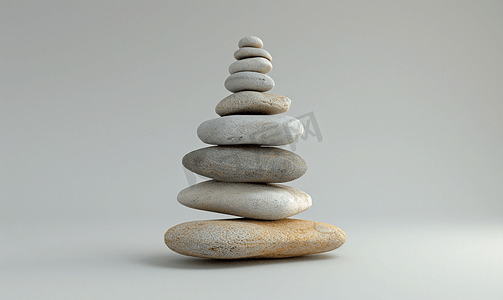 灰色柱子摄影照片_灰色背景上鹅卵石堆积的禅平衡冥想最小概念