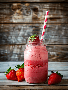 美味的草莓摄影照片_白色木质背景玻璃罐中的草莓奶昔