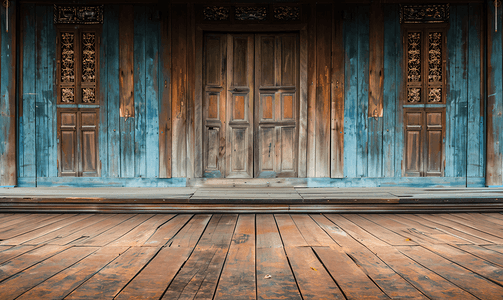 传统经典摄影照片_泰国复古传统建筑前的经典背景木墙和门