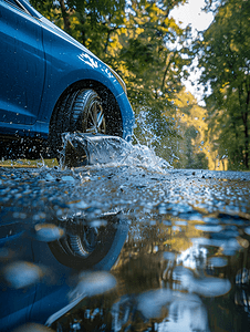 动感水纹水花摄影照片_蓝色汽车穿越水坑日光特写时溅起水花