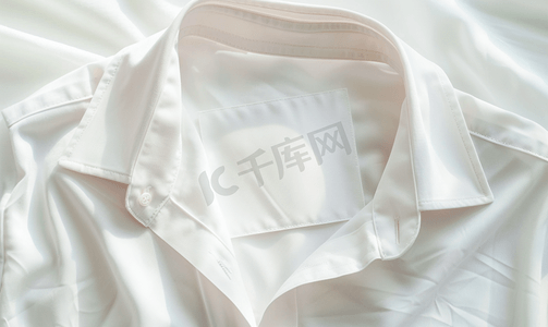数据标签摄影照片_棉质衬衫上的白色空白洗衣护理服装标签