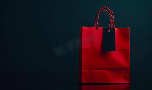 时尚深色背景摄影照片_黑色星期五销售概念标签和深色背景中的红色购物袋