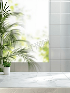 浴室墙壁摄影照片_空白色大理石桌面带模糊瓷砖墙浴室背景