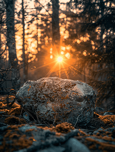 照片中夕阳下的石头穿过树林