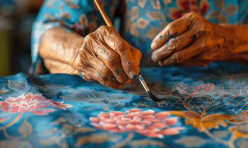 画家在丝绸上绘制带有花卉图案的蜡染