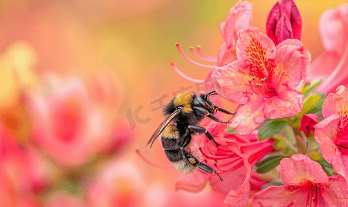 大黄蜂为粉红色的杜鹃花授粉