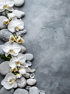 灰色背景禅宗水疗美容设计复制空间上的兰花和石头花卉边框