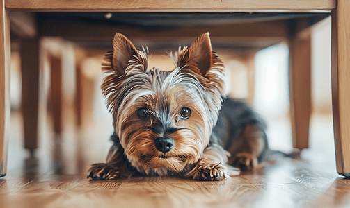 狗在椅子下旋转家里的小型犬可爱的宠物在床下