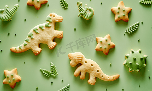绿色背景顶视图恐龙与狗散步的自制脆饼