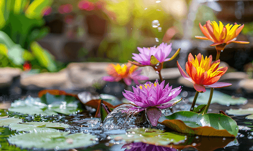 花园池塘里有睡莲或莲花的喷泉