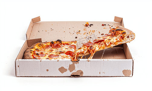 午餐广告摄影照片_白色背景上隔离的空吃披萨盒