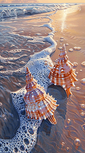 贝壳带珍珠背景图片_夏日海岸海滩波浪海螺贝壳海景背景14
