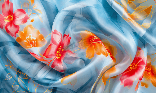 宫廷彩绘摄影照片_蜡染丝巾上的抽象花朵图案