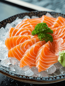 红色日式摄影照片_新鲜三文鱼片生鱼片搭配日式芥末冰块