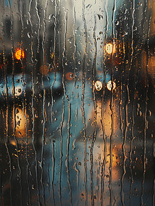 雨夜玻璃窗外的城市灯光照片