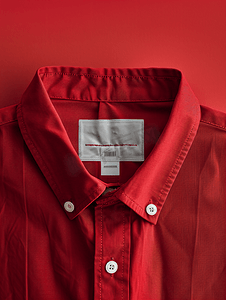 红色棉衬衫上的白色洗衣护理洗涤说明衣服标签