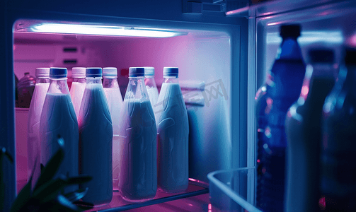 奶瓶蜡笔摄影照片_夜晚家里冰箱门上堆满了牛奶瓶
