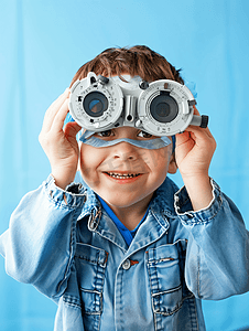 眼科诊断摄影照片_检查儿童视力的儿科医生