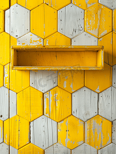 白色油漆木板墙上的黄色蜂窝图案木架