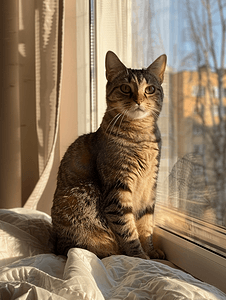 猫坐在窗边的阳光下回头看着相机