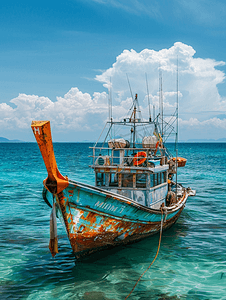 山海logo摄影照片_泰国清澈碧蓝海水中的渔船旧机