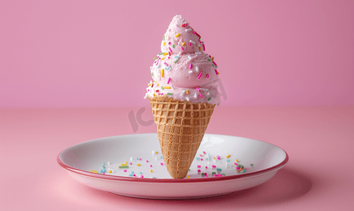 盘子上美味的冰淇淋甜筒