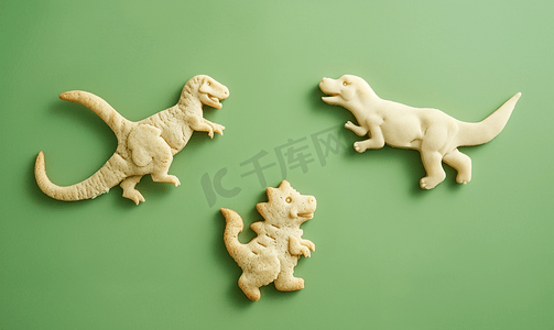 绿色背景顶视图恐龙与狗散步的自制脆饼