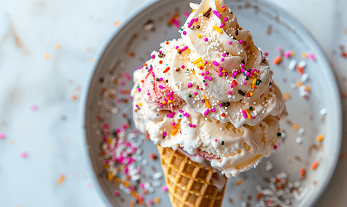 盘子上美味的冰淇淋甜筒