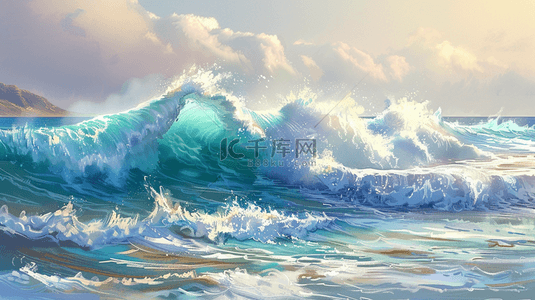 绘画唯美大海海浪翻滚太阳阳光的背景