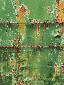 扁平化飘动摄影照片_扁平生锈的金属栅栏上面有剥落的绿色油漆和铁丝网